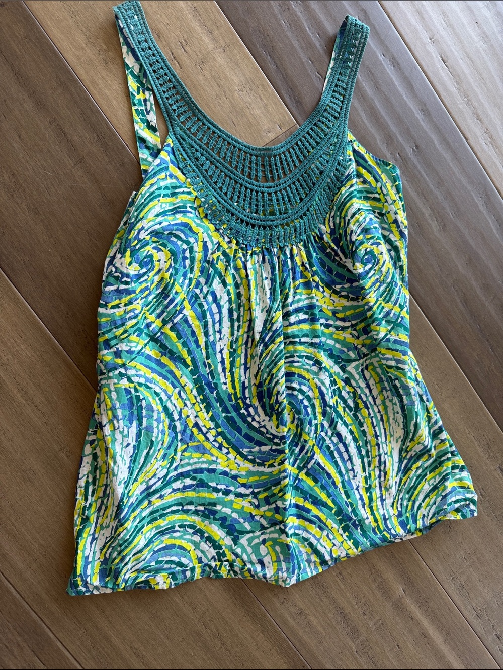 Prana Crochet Yoke Scoop Neck Tank Top - Teal Multi. Size medium